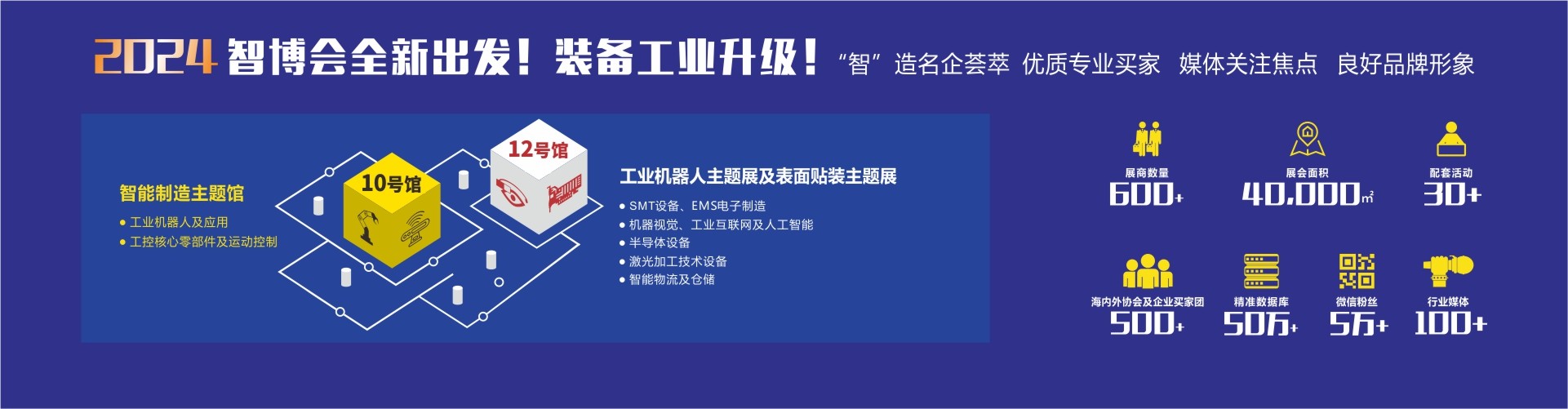 10號(hào)館智能制造主題館(工業(yè)機(jī)器人及應(yīng)用、 工控核心零部件及運(yùn)動(dòng)控制)、12號(hào)館工業(yè)機(jī)器人主題展及表面貼裝主題展（SMT設(shè)備、EMS電子制造。機(jī)器視覺(jué)、工業(yè)互聯(lián)網(wǎng)及人工智能。半導(dǎo)體設(shè)備。激光加工技術(shù)設(shè)備。智能物流及倉(cāng)儲(chǔ)）
